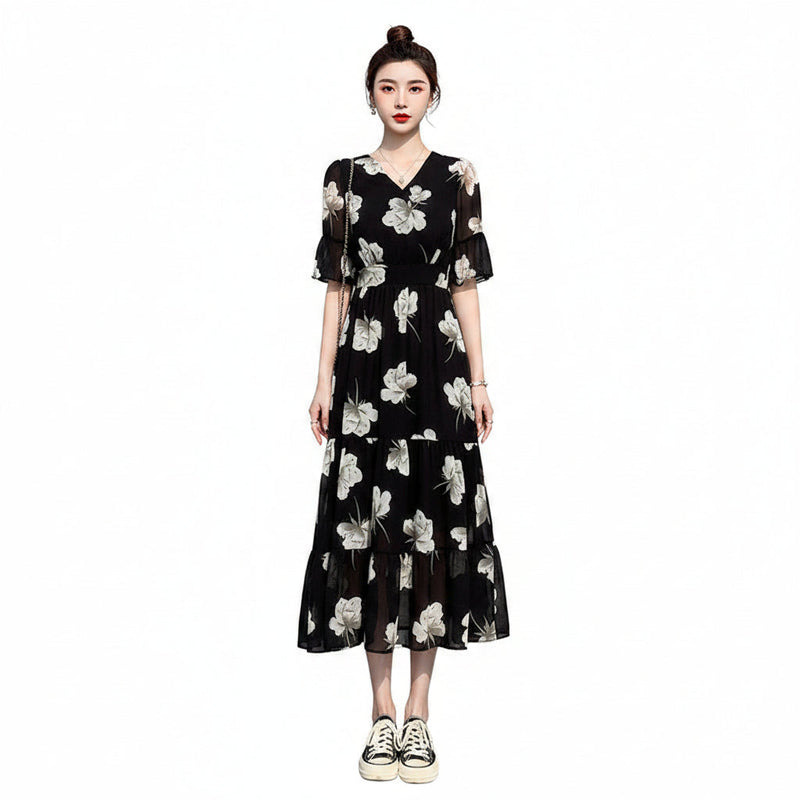 Vintage Floral Flared Sleeve High Waist Maxi Dress