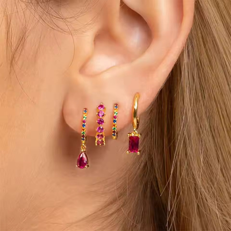 Korean Stainless Steel Zircon Water Drop Piercing Earrings Set For Women Simple Huggie Square Hoop Earring Fashion Jewelry