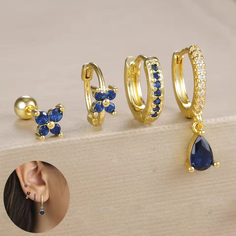 Korean Stainless Steel Zircon Water Drop Piercing Earrings Set For Women Simple Huggie Square Hoop Earring Fashion Jewelry