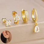 Korean Stainless Steel Zircon Water Drop Piercing Earrings Set For Women Simple Huggie Square Hoop Earring Fashion Jewelry