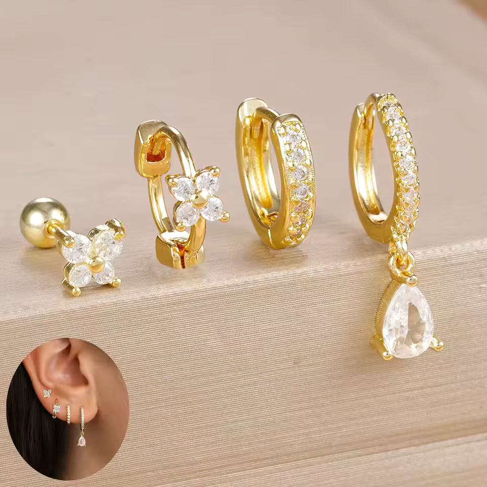 Korean Stainless Steel Zircon Water Drop Piercing Earrings Set For Women Simple Huggie Square Hoop Earring Fashion Jewelry