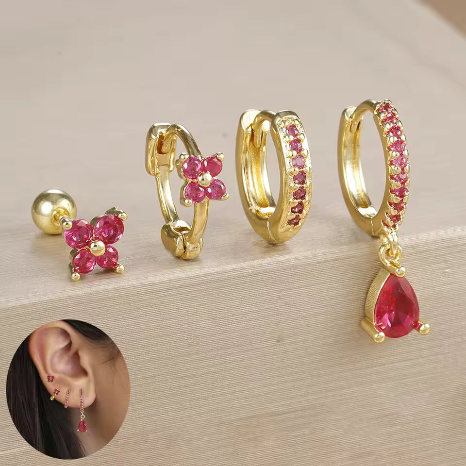 Korean Stainless Steel Zircon Water Drop Piercing Earrings Set For Women Simple Huggie Square Hoop Earring Fashion Jewelry