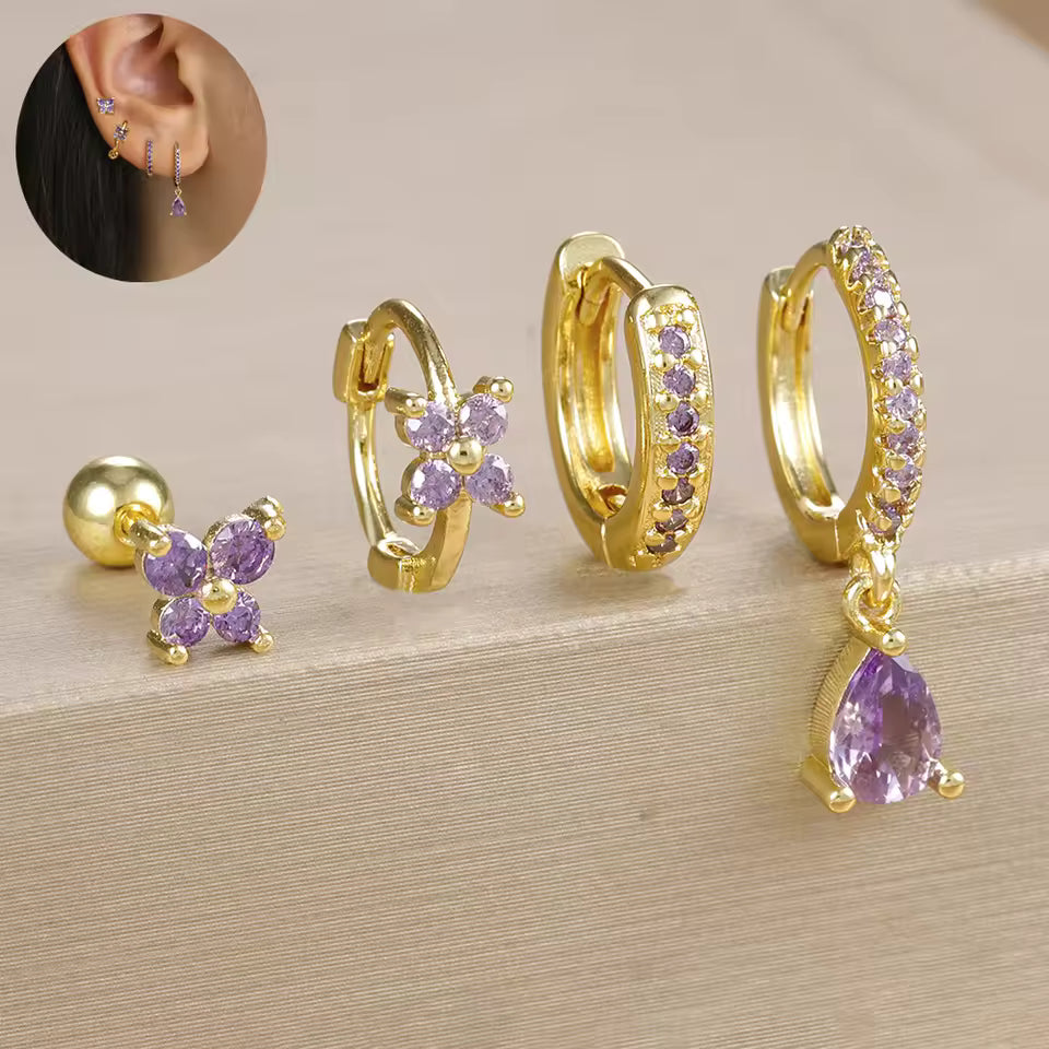Korean Stainless Steel Zircon Water Drop Piercing Earrings Set For Women Simple Huggie Square Hoop Earring Fashion Jewelry