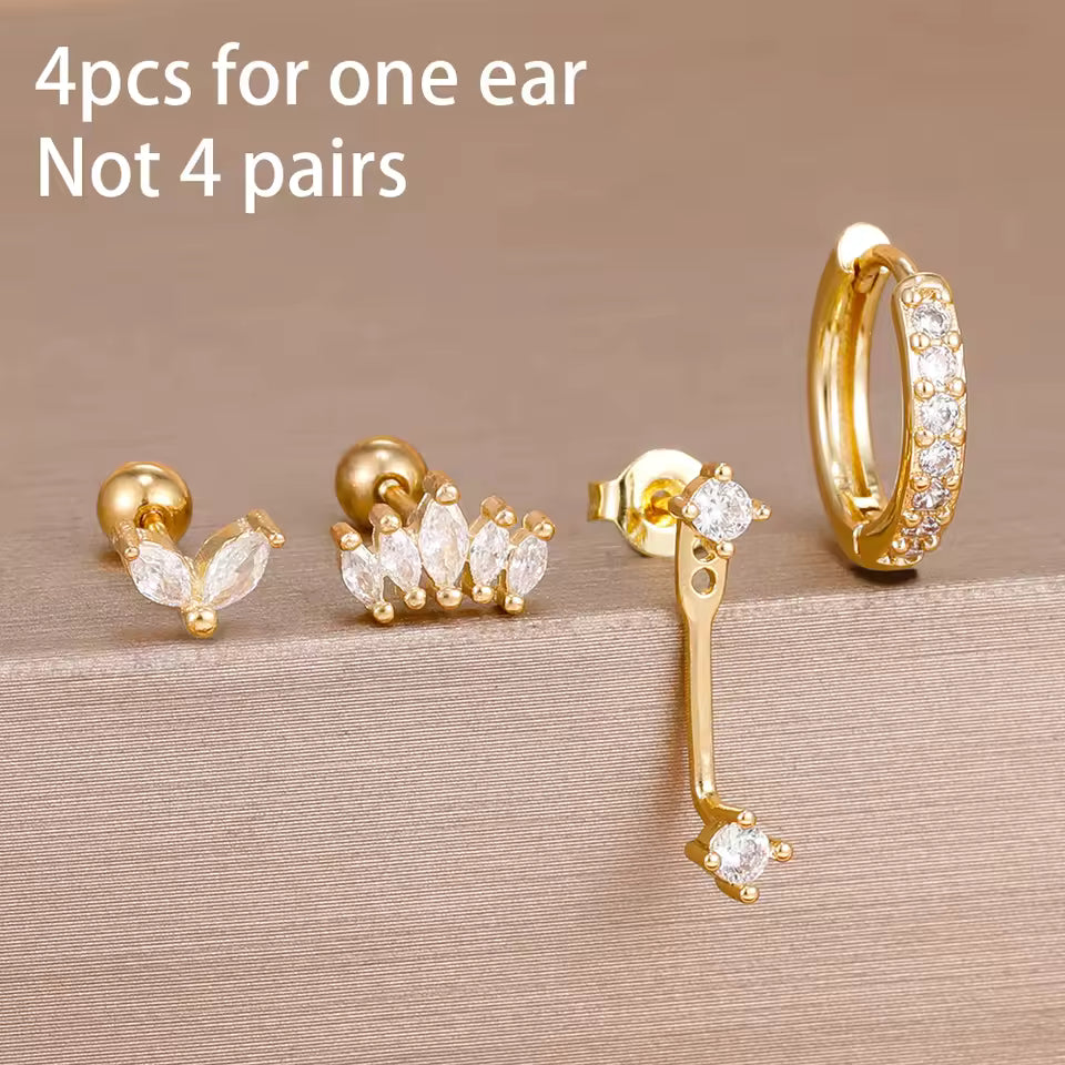Korean Stainless Steel Zircon Water Drop Piercing Earrings Set For Women Simple Huggie Square Hoop Earring Fashion Jewelry