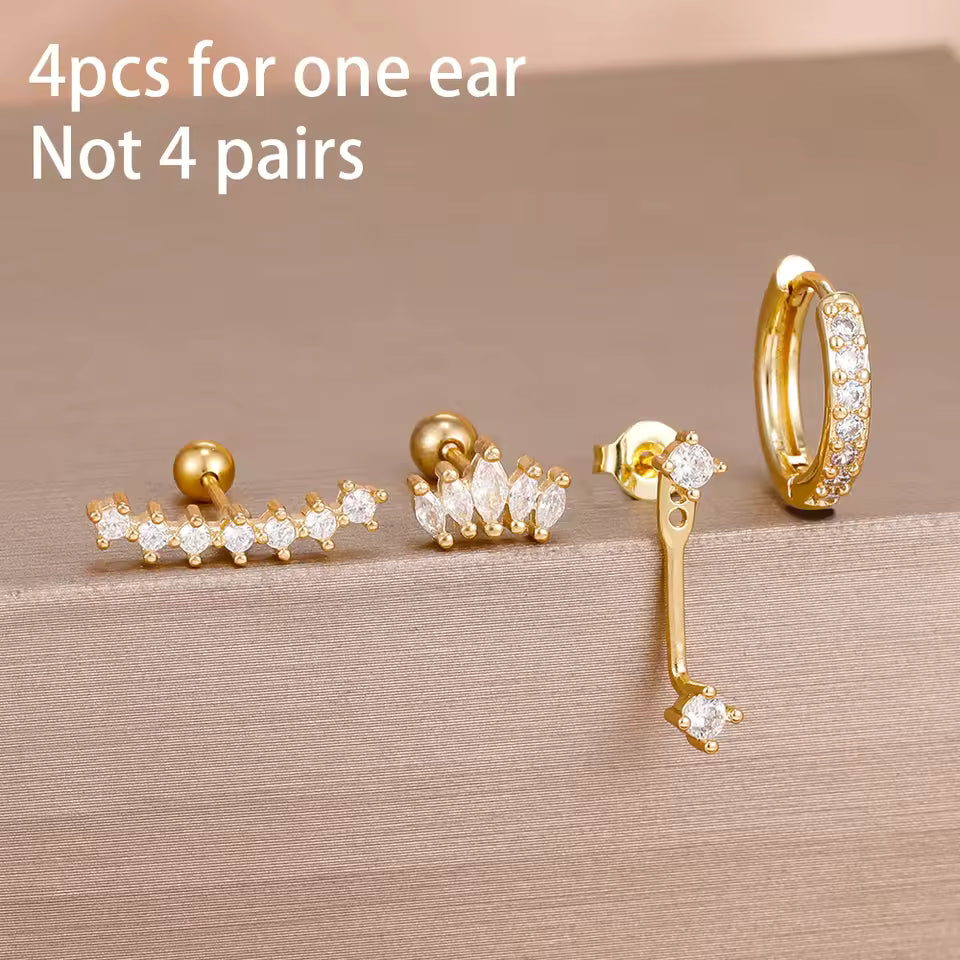 Korean Stainless Steel Zircon Water Drop Piercing Earrings Set For Women Simple Huggie Square Hoop Earring Fashion Jewelry
