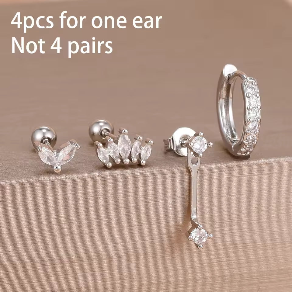 Korean Stainless Steel Zircon Water Drop Piercing Earrings Set For Women Simple Huggie Square Hoop Earring Fashion Jewelry