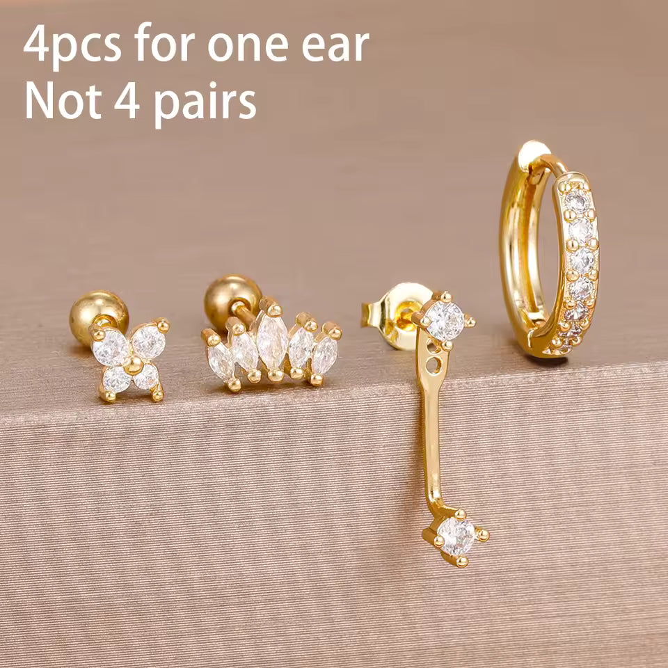 Korean Stainless Steel Zircon Water Drop Piercing Earrings Set For Women Simple Huggie Square Hoop Earring Fashion Jewelry