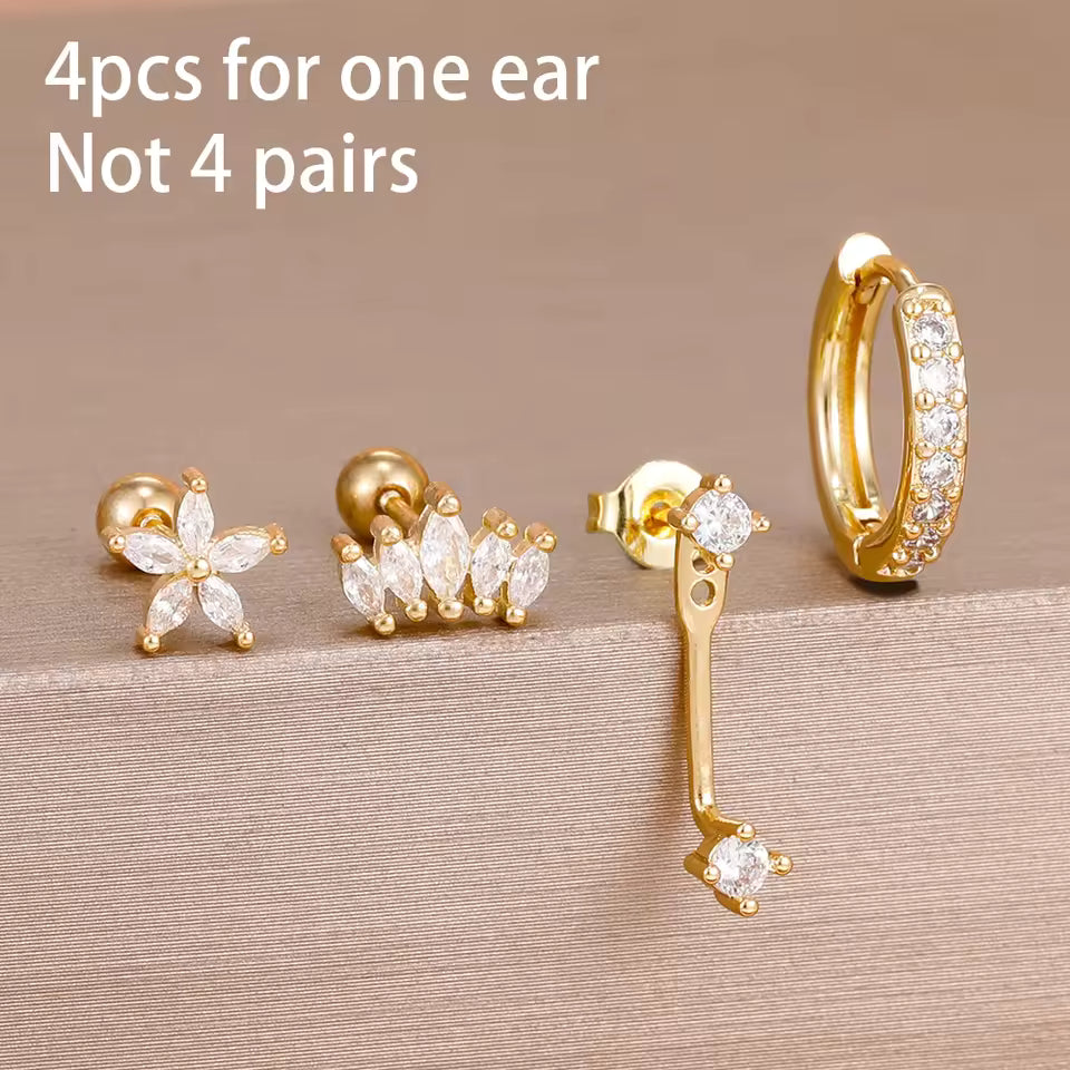 Korean Stainless Steel Zircon Water Drop Piercing Earrings Set For Women Simple Huggie Square Hoop Earring Fashion Jewelry