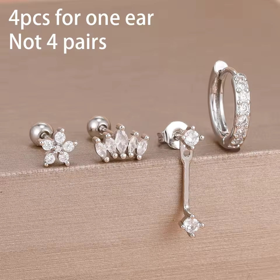 Korean Stainless Steel Zircon Water Drop Piercing Earrings Set For Women Simple Huggie Square Hoop Earring Fashion Jewelry