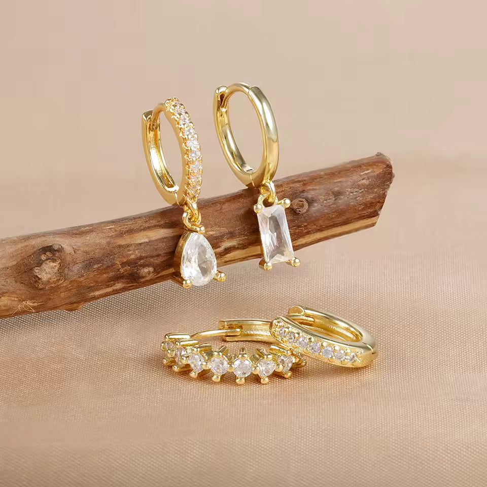 Korean Stainless Steel Zircon Water Drop Piercing Earrings Set For Women Simple Huggie Square Hoop Earring Fashion Jewelry