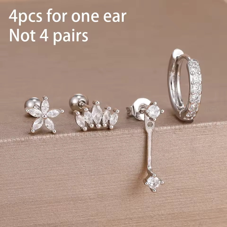 Korean Stainless Steel Zircon Water Drop Piercing Earrings Set For Women Simple Huggie Square Hoop Earring Fashion Jewelry