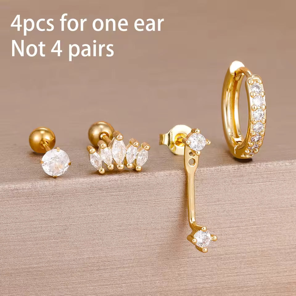 Korean Stainless Steel Zircon Water Drop Piercing Earrings Set For Women Simple Huggie Square Hoop Earring Fashion Jewelry