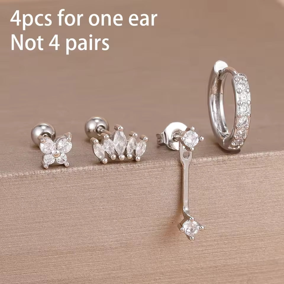 Korean Stainless Steel Zircon Water Drop Piercing Earrings Set For Women Simple Huggie Square Hoop Earring Fashion Jewelry