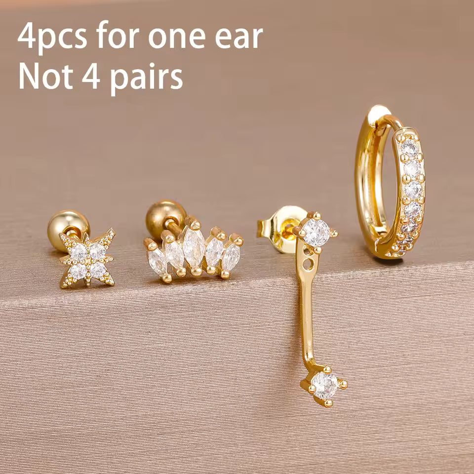 Korean Stainless Steel Zircon Water Drop Piercing Earrings Set For Women Simple Huggie Square Hoop Earring Fashion Jewelry