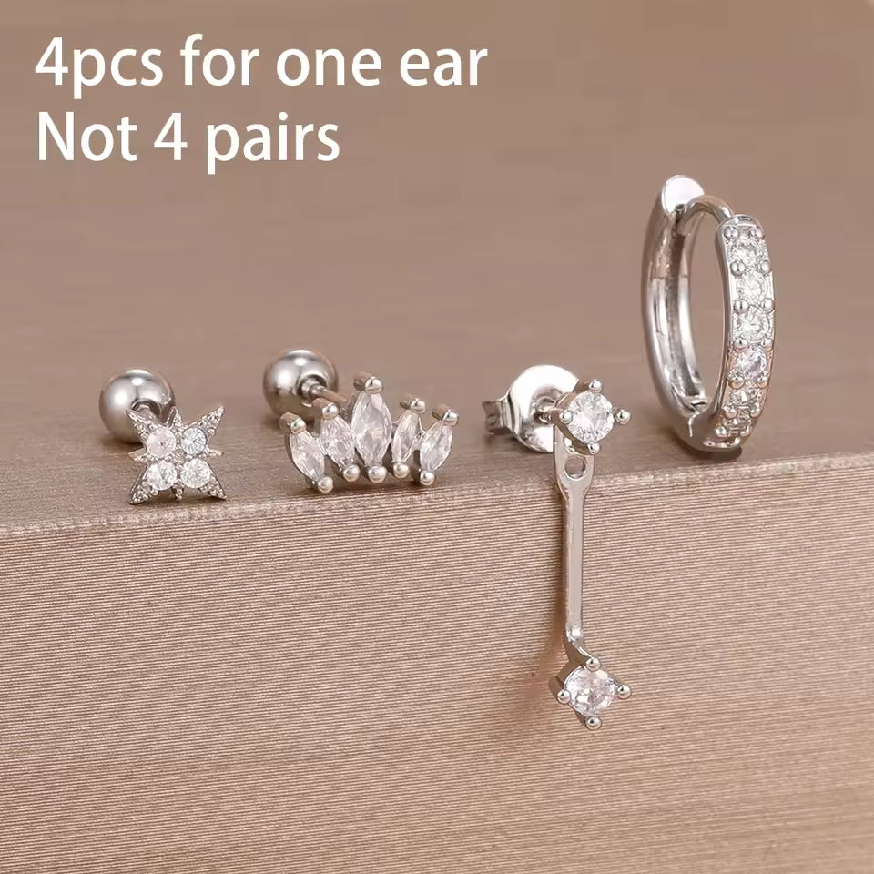 Korean Stainless Steel Zircon Water Drop Piercing Earrings Set For Women Simple Huggie Square Hoop Earring Fashion Jewelry