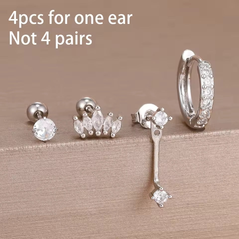 Korean Stainless Steel Zircon Water Drop Piercing Earrings Set For Women Simple Huggie Square Hoop Earring Fashion Jewelry