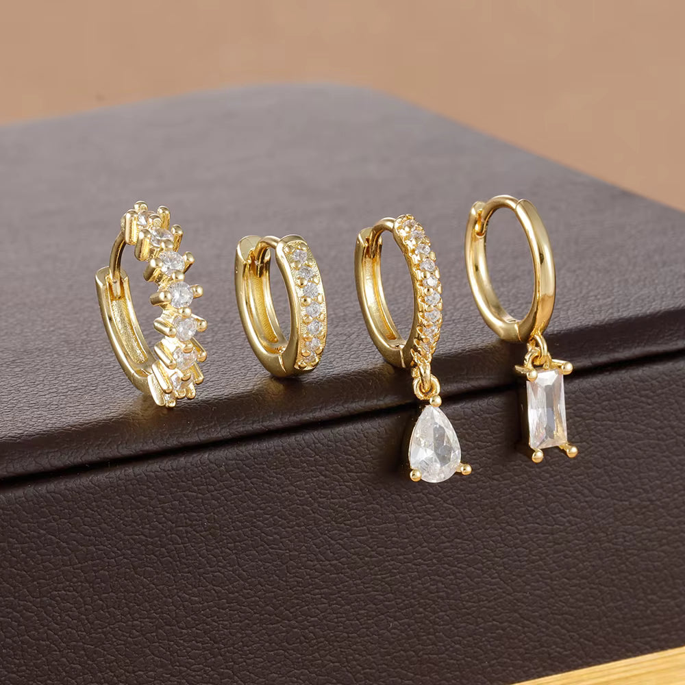 Korean Stainless Steel Zircon Water Drop Piercing Earrings Set For Women Simple Huggie Square Hoop Earring Fashion Jewelry