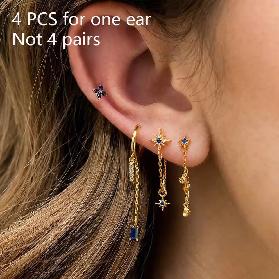 Korean Stainless Steel Zircon Water Drop Piercing Earrings Set For Women Simple Huggie Square Hoop Earring Fashion Jewelry