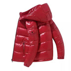 Men's Winter Shiny High Street Puffer Bomber Jacket Hooded Stand Collar Reversible Design Outdoor