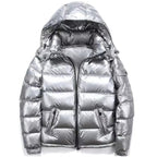 Men's Winter Shiny High Street Puffer Bomber Jacket Hooded Stand Collar Reversible Design Outdoor