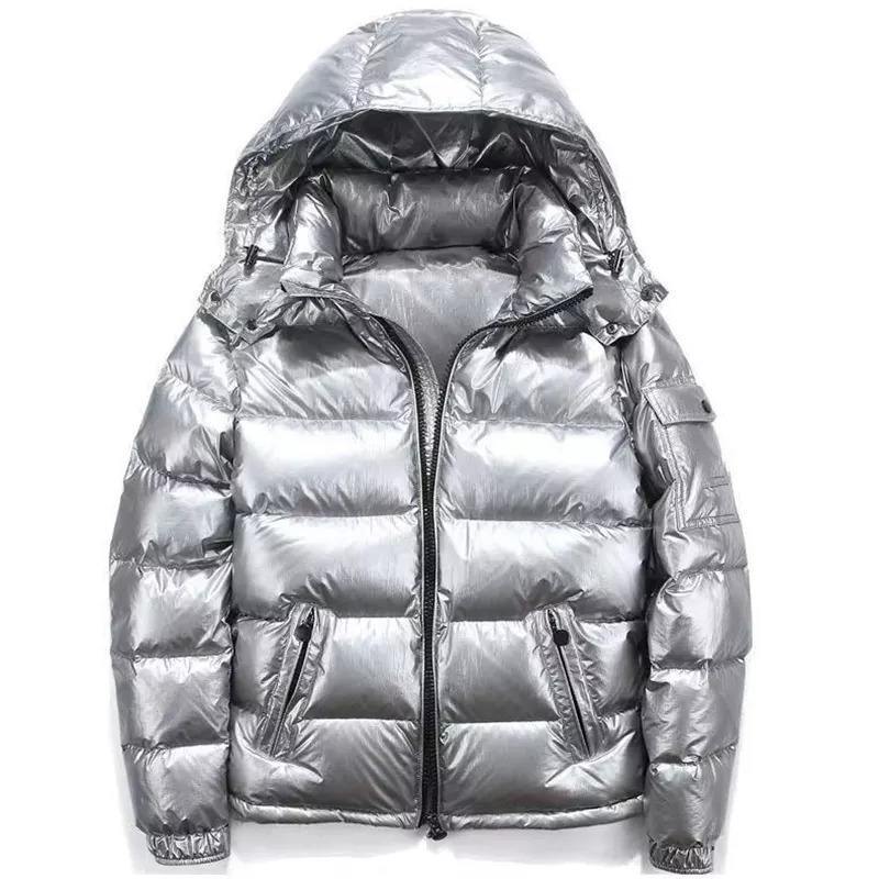 Men's Winter Shiny High Street Puffer Bomber Jacket Hooded Stand Collar Reversible Design Outdoor