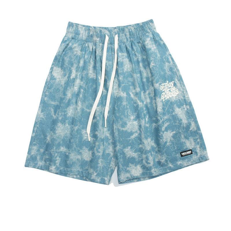 Casual Tie-Dye Washed Denim Five-Point Shorts For Men And Women