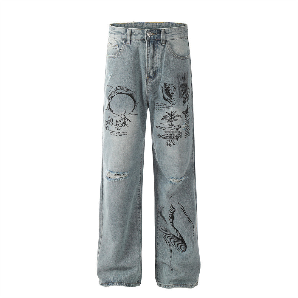 Contemporary Graffiti Printing Ripped Jeans For Men