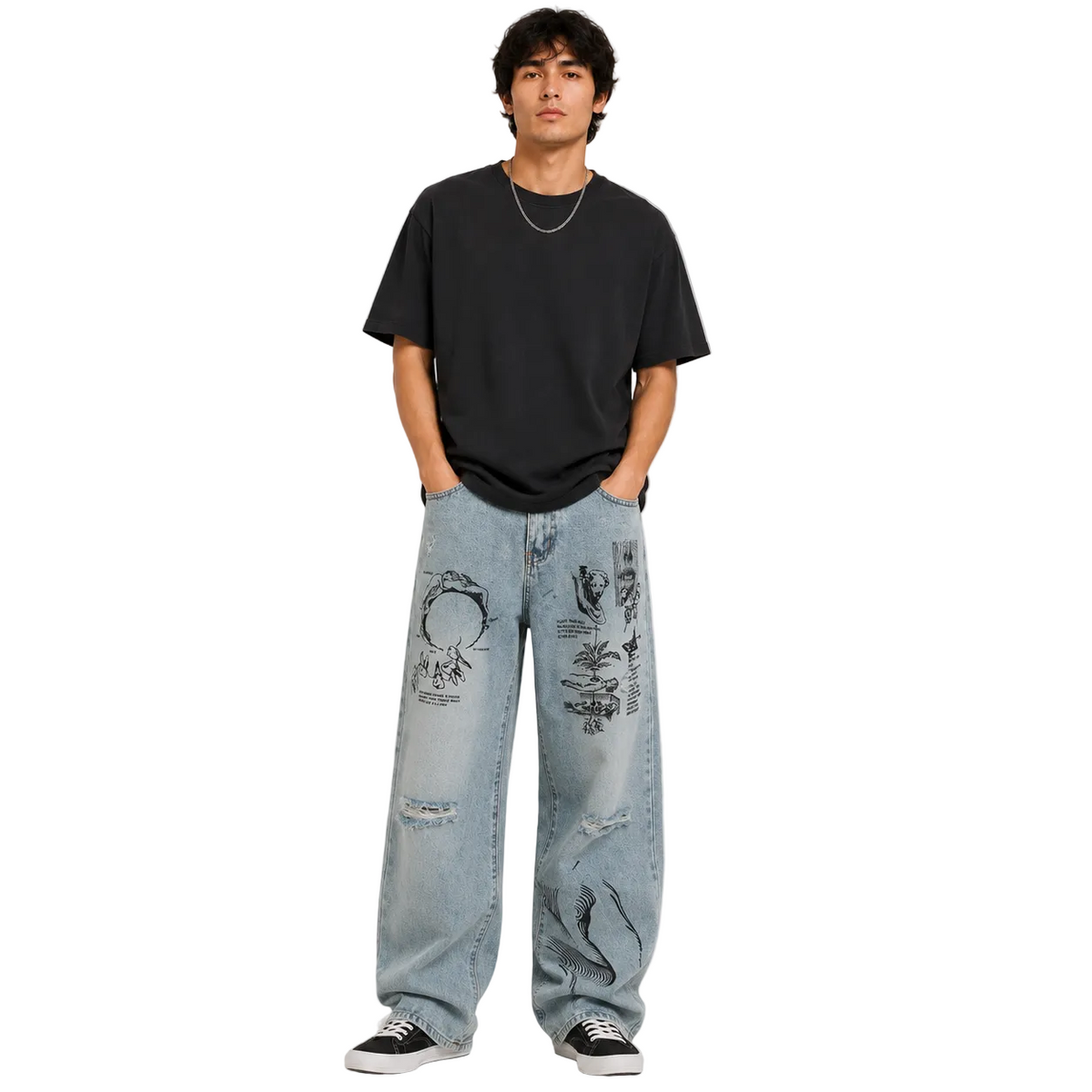 Contemporary Graffiti Printing Ripped Jeans For Men