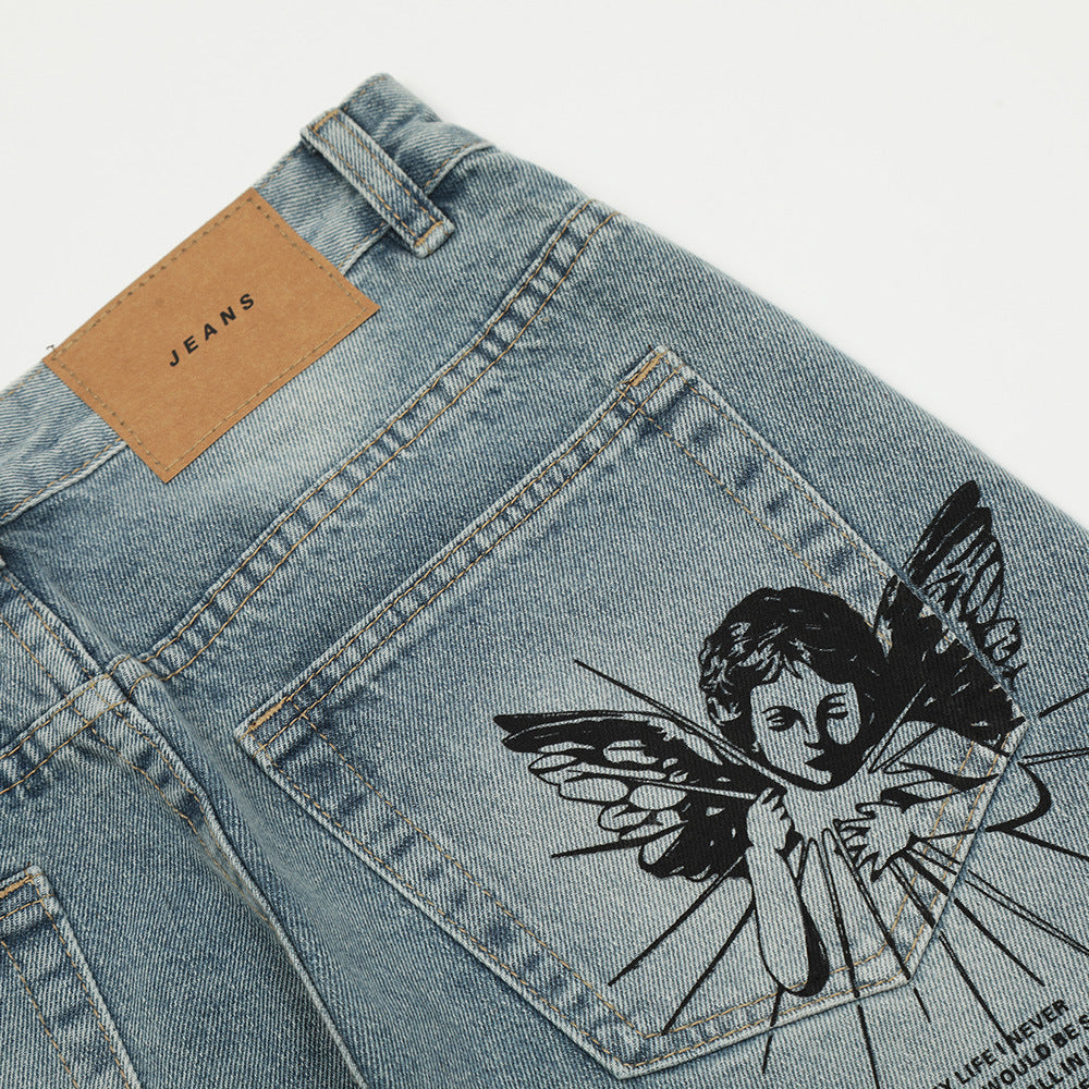 Contemporary Graffiti Printing Ripped Jeans For Men