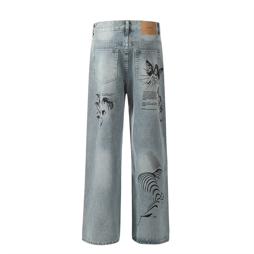 Contemporary Graffiti Printing Ripped Jeans For Men