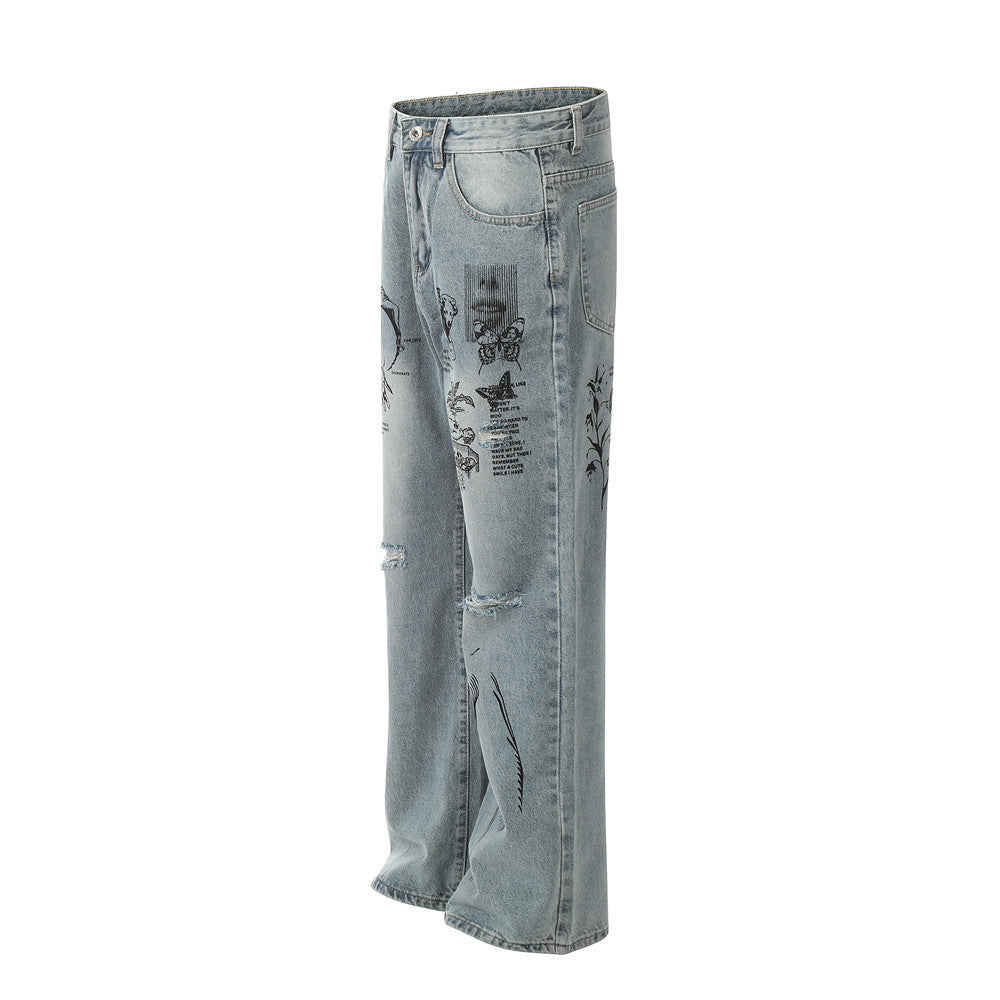 Contemporary Graffiti Printing Ripped Jeans For Men