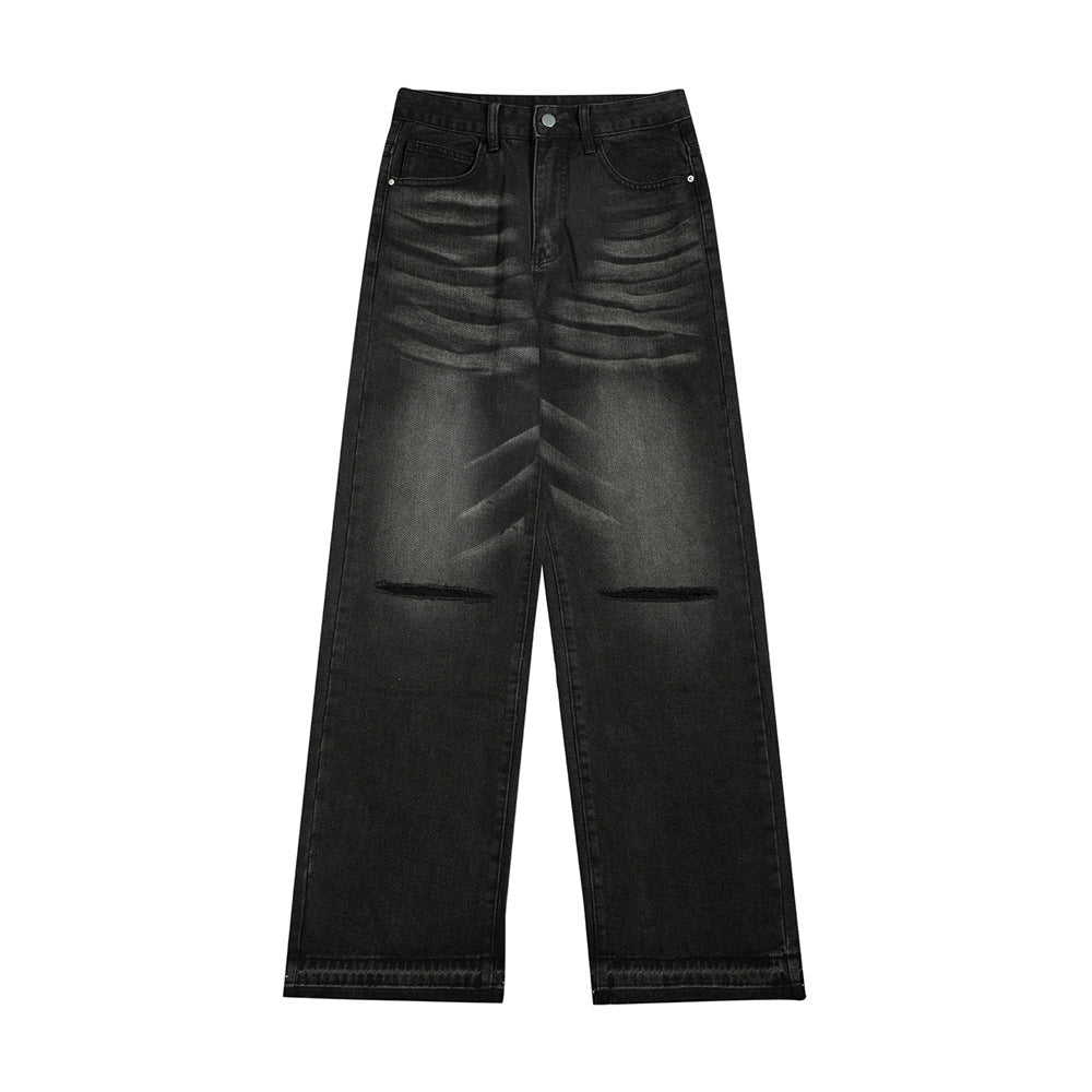 Contemporary Ripped Knee Denim Straight-leg Pants Men