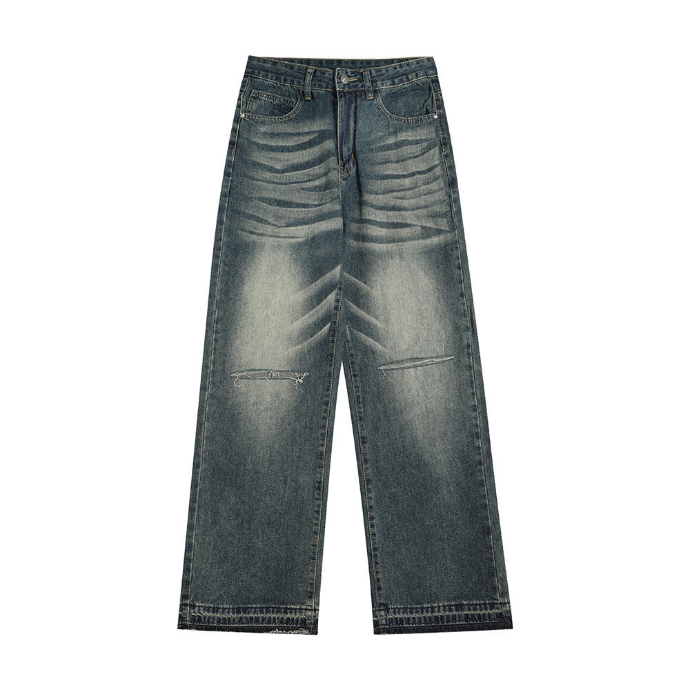 Contemporary Ripped Knee Denim Straight-leg Pants Men