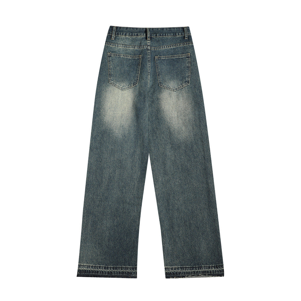 Contemporary Ripped Knee Denim Straight-leg Pants Men 
