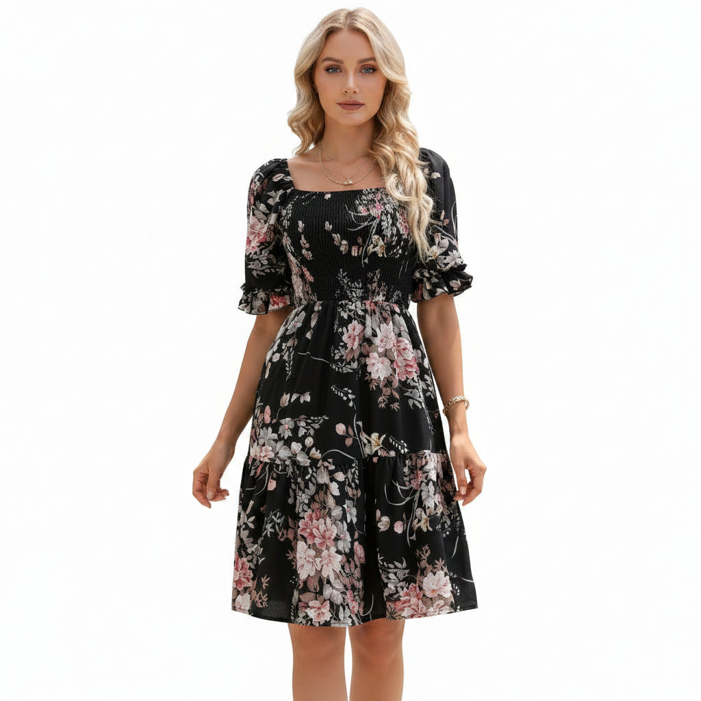 Elegant Floral-print Princess-sleeve Dress For Women
