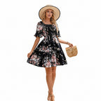 Elegant Floral-print Princess-sleeve Dress For Women