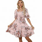 Elegant Floral-print Princess-sleeve Dress For Women
