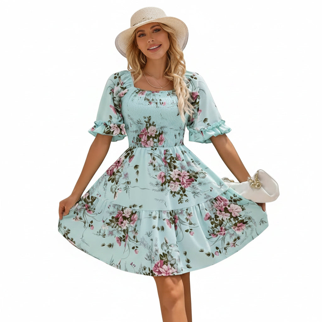 Elegant Floral-print Princess-sleeve Dress For Women