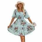 Elegant Floral-print Princess-sleeve Dress For Women