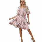 Elegant Floral-print Princess-sleeve Dress For Women