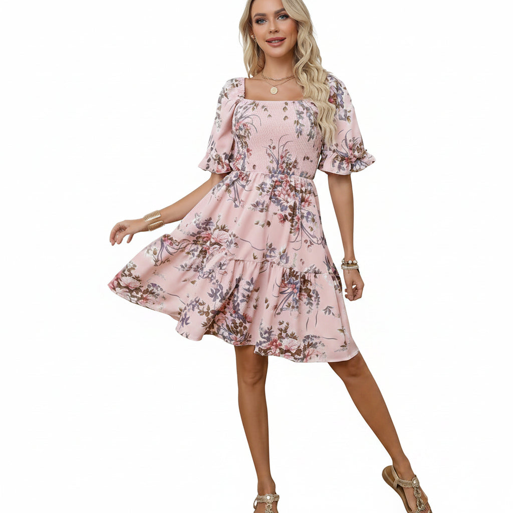Elegant Floral-print Princess-sleeve Dress For Women