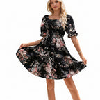 Elegant Floral-print Princess-sleeve Dress For Women