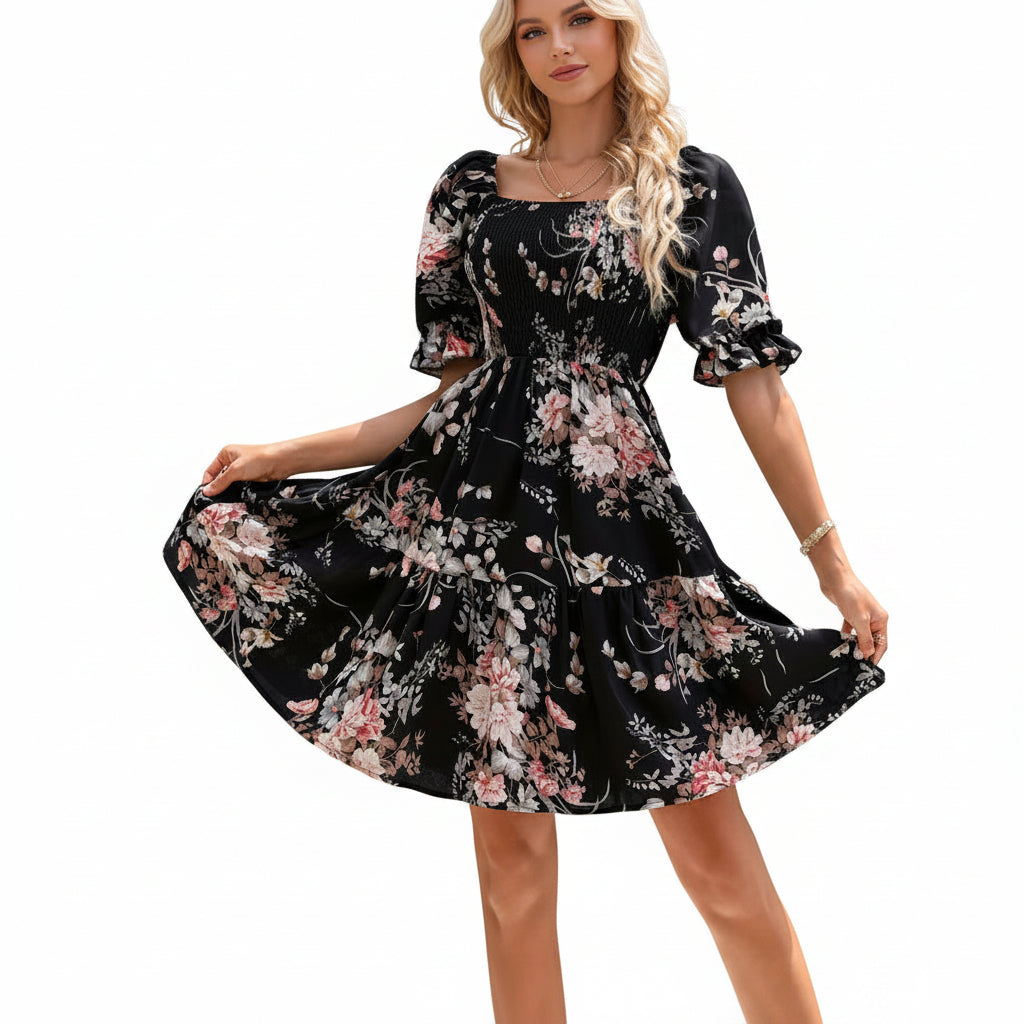 Elegant Floral-print Princess-sleeve Dress For Women