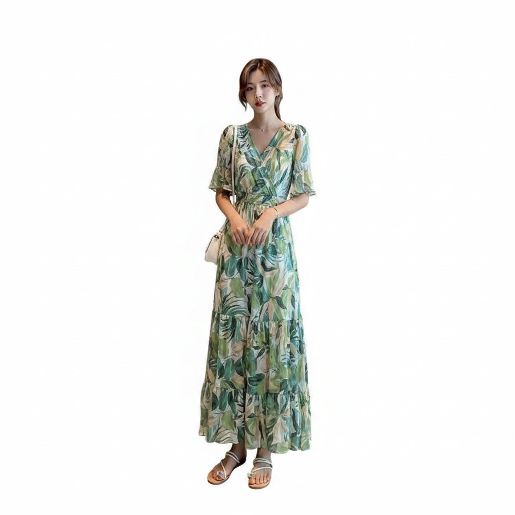 Elegant Floral Chiffon Trumpet Sleeve Maxi Dress for Women