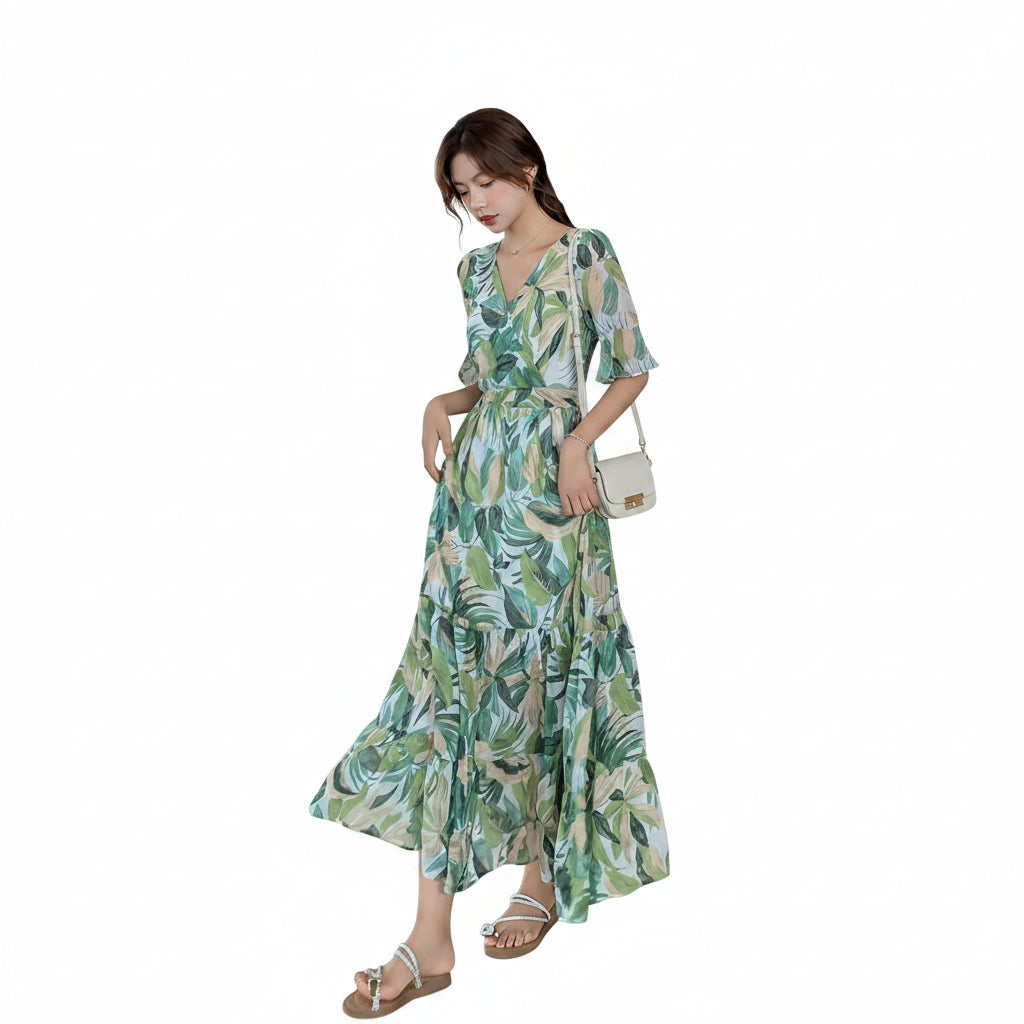 Elegant Floral Chiffon Trumpet Sleeve Maxi Dress for Women