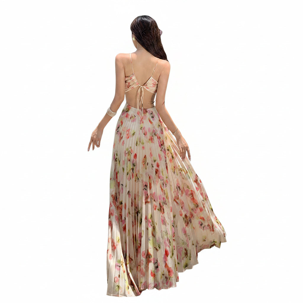 Elegant Floral Halter Neck Pleated Chiffon Maxi Dress