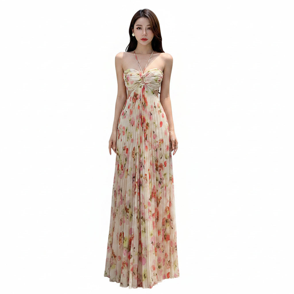 Elegant Floral Halter Neck Pleated Chiffon Maxi Dress