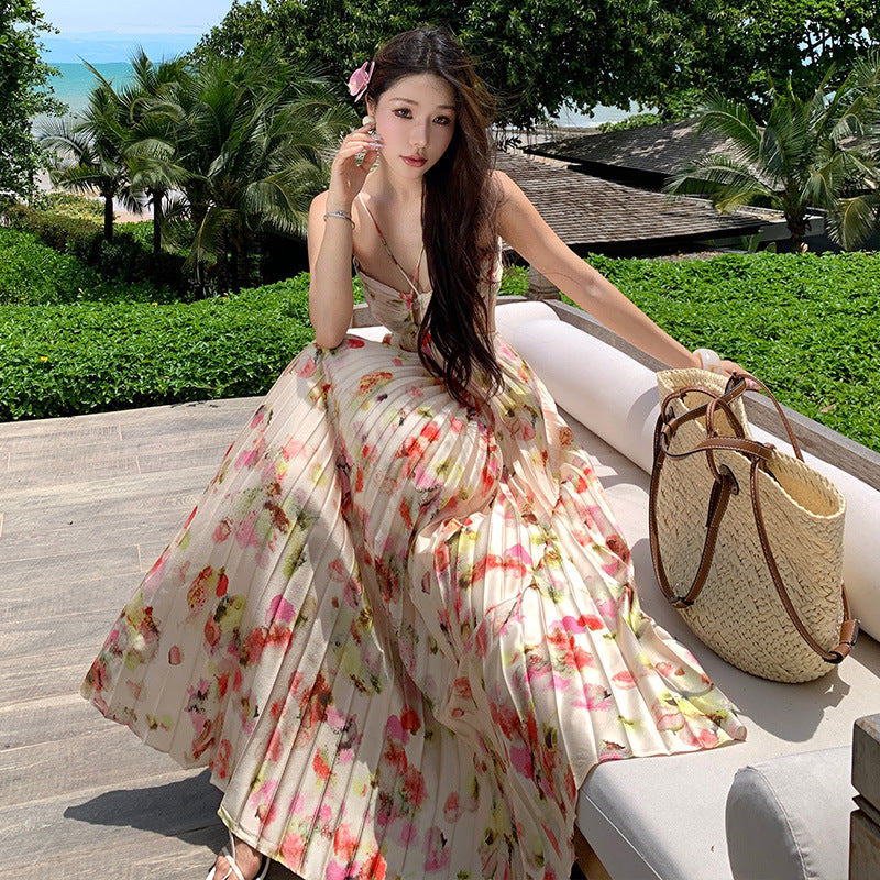 Elegant Floral Halter Neck Pleated Chiffon Maxi Dress