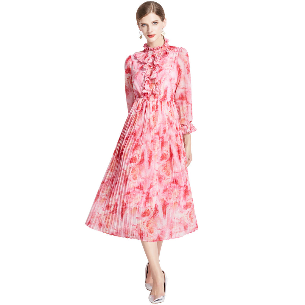 French Floral Chiffon Long Sleeve High Waist Maxi Dress