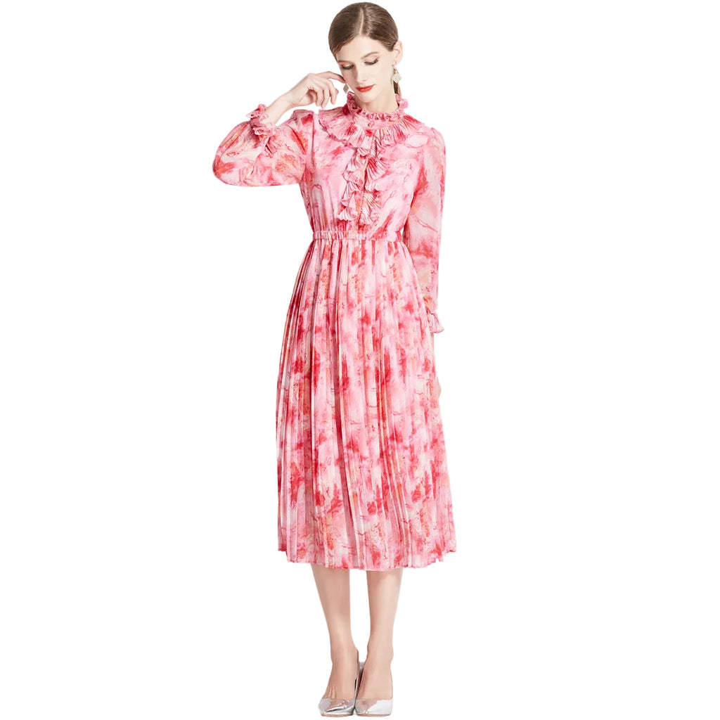 French Floral Chiffon Long Sleeve High Waist Maxi Dress